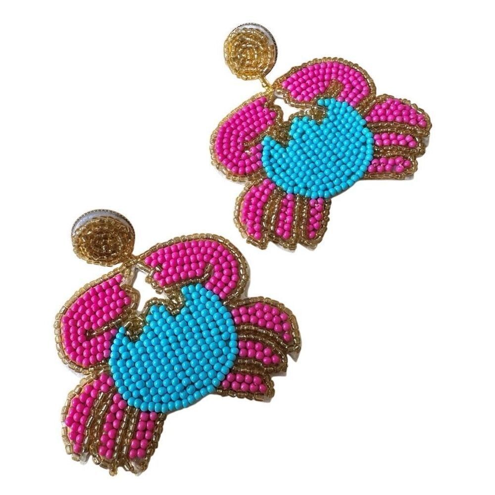 Beaded Crab Statement Earrings – Pink & Turquoise